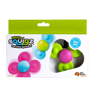 Whirly Squigz three-piece spinner set in packaging with “Spin Me” window, showcasing Fat Brain Toys’ bright baby sensory spinners