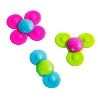 Whirly Squigz set of three silicone spinners in blue, green, and pink with suction cup petals, designed for tactile play and baby development