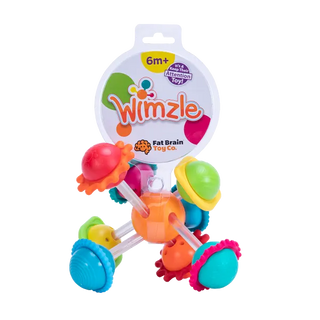 Front packaging of Fat Brain Wimzle toy, highlighting colorful textured sensory balls and spinning silicone rings for baby exploration.