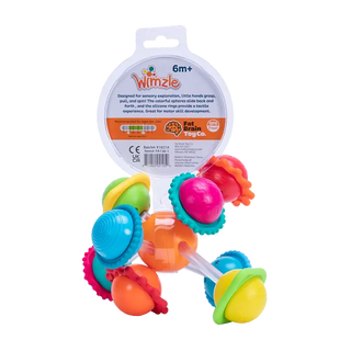 Back packaging view of Fat Brain Wimzle toy showing design features, BPA-free materials, and sensory play benefits for babies 6 months+.