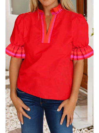 Fiery Red Colorblock Ruffled Mock Neck Blouse-Women's Short Sleeve Shirt-Simply Blessed Children's Boutique
