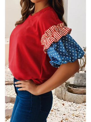 Fiery Red Stars and Stripes Puff Sleeve Top-Women's Short Sleeve Shirt-Simply Blessed Children's Boutique