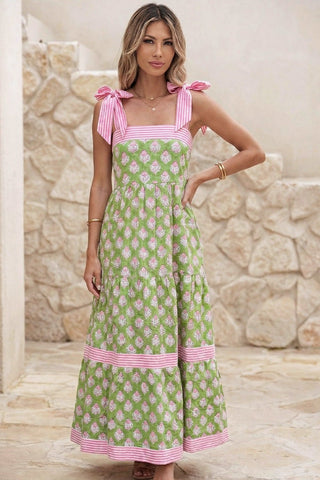 Floral Print Striped Detail Knot Strap Maxi Dress-Women's Dresses-Simply Blessed Children's Boutique