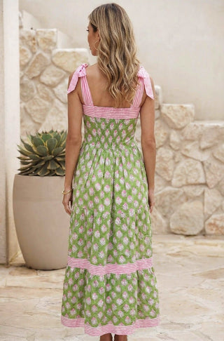 Floral Print Striped Detail Knot Strap Maxi Dress-Women's Dresses-Simply Blessed Children's Boutique