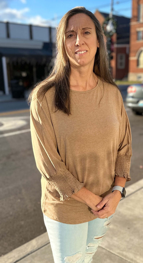 Heathered Smocked Khaki 3/4 Sleeve Top