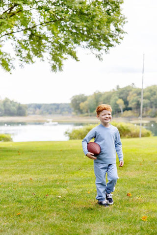 Gates Sweeney Sweatpant - Barrington Blue with Multicolor Stork from The Beaufort Bonnet Company-Boys Joggers-Simply Blessed Children's Boutique
