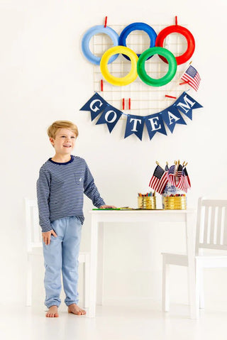 Gates Sweeney Sweatpant - Barrington Blue with Multicolor Stork from The Beaufort Bonnet Company-Boys Joggers-Simply Blessed Children's Boutique