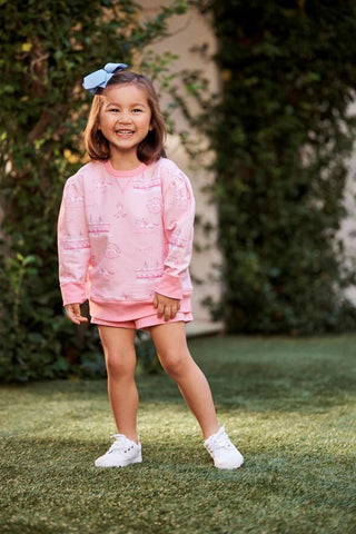 Girls Puff Sleeve Cassidy Comfy Crewneck – A Day at the Derby in Palm Beach Pink by The Beaufort Bonnet Company-Misc.-Simply Blessed Children's Boutique