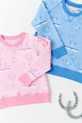 Girls Puff Sleeve Cassidy Comfy Crewneck – A Day at the Derby in Palm Beach Pink by The Beaufort Bonnet Company-Misc.-Simply Blessed Children's Boutique