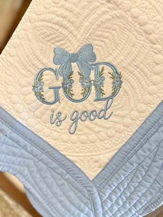 "God Is Good" Heirloom Embroidered Baby Quilt – Soft Nursery Bedding-Blankets/Swaddles-Simply Blessed Children's Boutique
