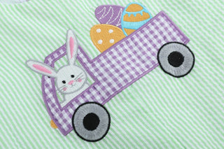 Green Seersucker Bunny Truck Romper-Boys One-Piece-Simply Blessed Children's Boutique