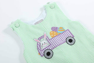 Green Seersucker Bunny Truck Romper-Boys One-Piece-Simply Blessed Children's Boutique