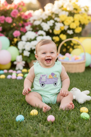 Green Seersucker Bunny Truck Romper-Boys One-Piece-Simply Blessed Children's Boutique