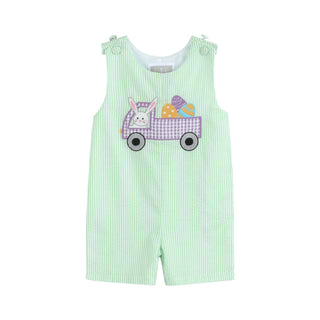 Green Seersucker Bunny Truck Romper-Boys One-Piece-Simply Blessed Children's Boutique