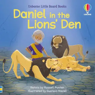 Cover of Daniel in the Lion’s Den little board book by Usborne showing Daniel peacefully resting beside lions.