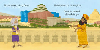 Daniel speaks with King Darius outside the palace as he works for him, from Daniel in the Lion’s Den board book by Usborne.
