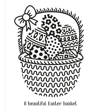 Easter bunny coloring page with basket of decorated eggs from Usborne First Magic Painting Easter Eggs book