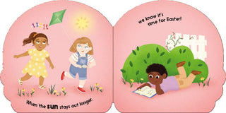 My Happy Easter board book spread with children playing outside and reading as sun stays out longer