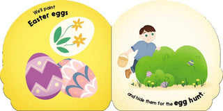 My Happy Easter board book spread with painted Easter eggs and child hiding Easter eggs for an egg hunt