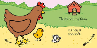 Interior page from That’s Not My Farm featuring hen and chick and coop illustration with farm scene and sensory text