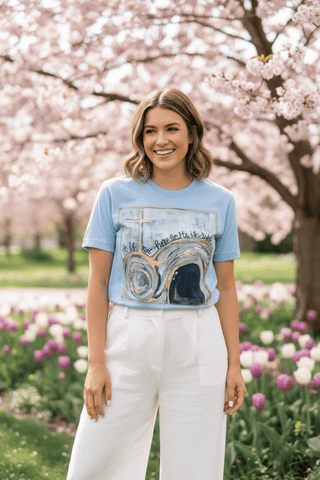 He Is Risen Comfort Colors Easter Tee – Hand-Painted Christian Graphic T-Shirt-Women's Graphic Tees-Simply Blessed Children's Boutique