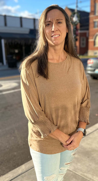 Heathered Smocked Khaki 3/4 Sleeve Top-Women's Long Sleeve Shirts-Simply Blessed Children's Boutique