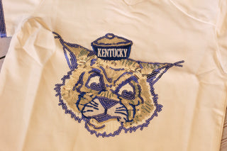 Kentucky Wildcats sequin top – close-up of LuLu Bebe Wildcat design on Sequin Trim Jersey.