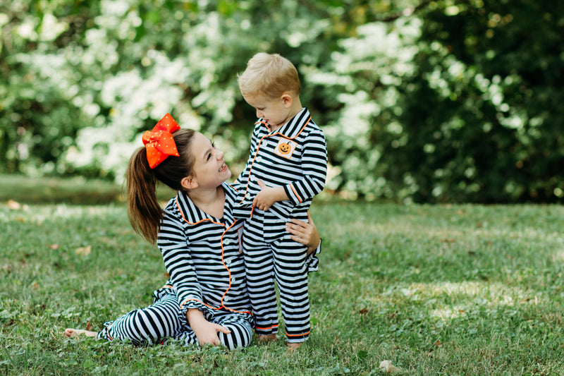 Black & White Stripe Pumpkin Pajamas For Girls & Boys