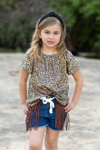 Girls Leopard Shirt and Jean Cowgirl Fringe Shorts With Rope Belt