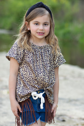 Girls Leopard Shirt and Jean Cowgirl Fringe Shorts With Rope Belt