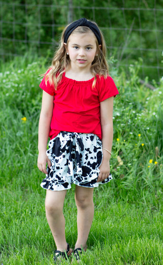 Red Off the Shoulder Cowgirl Holstein  Shorts Set