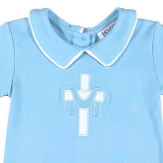 Ishtex Boys’ Blue Cross Embroidered Romper – Timeless Baptism & Easter Outfit-Infants-Simply Blessed Children's Boutique