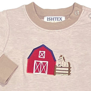 Ishtex Boys Light Brown Farm Applique Romper-Infants-Simply Blessed Children's Boutique