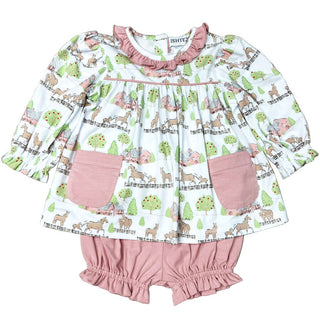 Baby girl horse farm bloomer set with pink ruffles, pockets, and a sweet allover barn and foal print—perfect for play or outings.