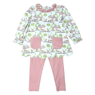 Girls horse farm legging set with pink ruffle collar and pony print top—perfect for sweet Southern style and everyday comfort.