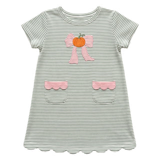 Ishtex Girls Pumpkin and Bow Applique Striped Dress-Girls Dresses-Simply Blessed Children's Boutique