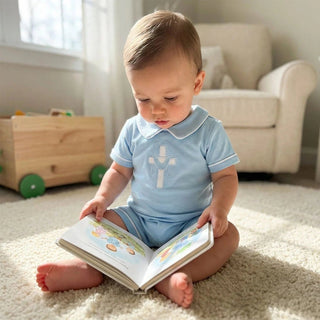 Ishtex Boys’ Blue Cross Embroidered Romper – Timeless Baptism & Easter Outfit-Infants-Simply Blessed Children's Boutique