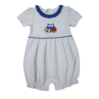 Royal Blue Wildcat Girls Bubble – polka dot game day romper with wildcat sports applique and ruffle collar.