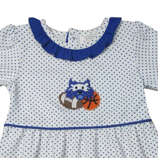 Baby girls Kentucky blue polka dot bubble  with ruffled collar and sports-themed  Wildcat design on a white background