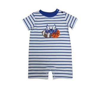 Alt Text (130 characters max):
Royal Blue Striped Wildcat Baby Boy Romper – Soft cotton romper with sports applique, perfect for your littlest Kentucky fan.