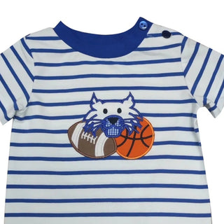 Kentucky blue striped baby romper with sports-themed Wildcat ,football, and basketball design on a white background