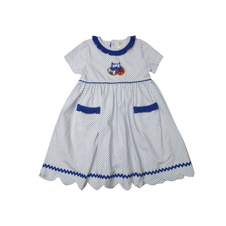 Royal Blue Wildcat Girls Dress – polka dot game day dress with sports applique, scalloped hem, and sweet Southern ruffle details.