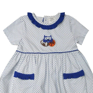 Kentucky blue polka dot dress with blue accents, ric rac trim, and Wildcat sports-themed design on a white background