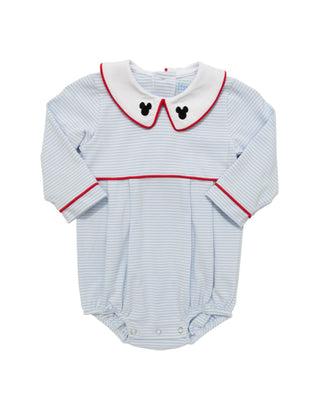 Itsy Bitsy blue and white striped baby boy bubble with Mickey Mouse embroidery, Peter Pan collar, and long sleeves.