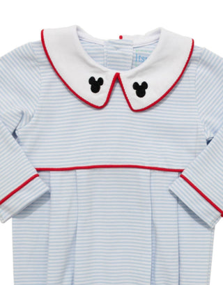 Close-up of Itsy Bitsy embroidered bubble with blue stripes, Mickey Mouse  embroidery on collar, red detailing, and snap closures.