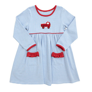 Itsy Bitsy Toddler Girls Light Blue Firetruck Dress with Red Trim-Girls Dresses-Simply Blessed Children's Boutique