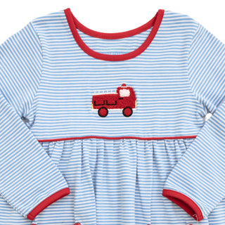 Itsy Bitsy Toddler Girls Light Blue Firetruck Dress with Red Trim-Girls Dresses-Simply Blessed Children's Boutique