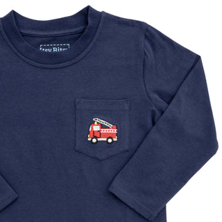Itsy Bitsy Toddler Boys Navy Long Sleeve Firetruck Shirt-Boys Long Sleeve Shirts-Simply Blessed Children's Boutique