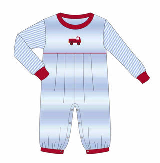 Itsy Bitsy Baby Boys Light Blue Firetruck Romper with Red Trim-Boys One-Piece-Simply Blessed Children's Boutique