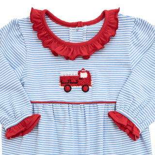 Itsy Bitsy Baby Girl Light Blue Firetruck Romper with Red Ruffle Trim-Girls One-Piece-Simply Blessed Children's Boutique